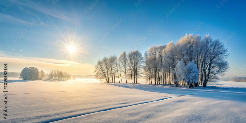 Serene winter landscape with frost-covered trees at sunrise Serene winter landscape with frost-covered trees at sunrise