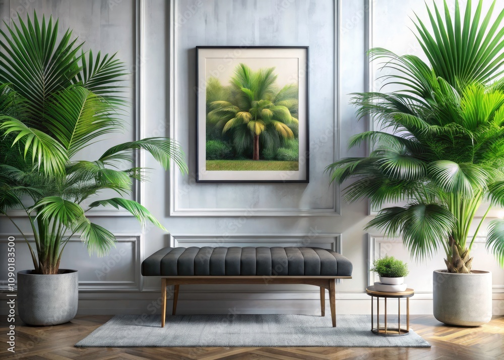 Fototapeta premium Stylish Interior Design Featuring a Modern Bench, Elegant Frame, and Lush Palm Leaves for a Serene Living Space Aesthetic