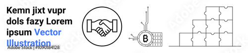 Handshake for collaboration, blockchain symbol for technology, stacked puzzle pieces for strategy planning. Ideal for business, technology, innovation, investment, teamwork, development, blockchain