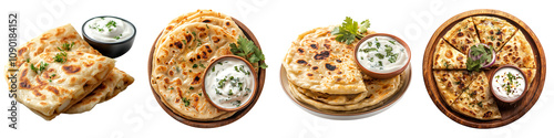 Set of Indian aloo paratha with yogurt, isolated on a transparent background.