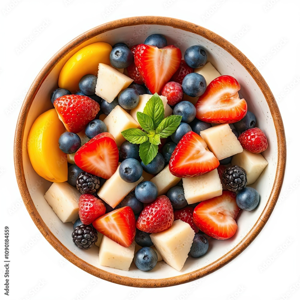 Obraz premium top view of strawberries and blueberries in a bowl isolated on a white background for web, print or creative projects