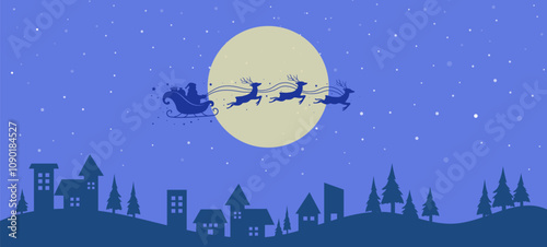 Santa Claus ride sleigh with flying reindeer in sky above the houses and fir trees. winter village. Christmas background. Vector illustration