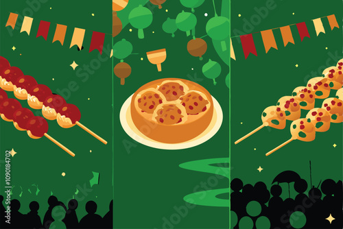 Create vibrant illustrations of Takoyaki, Okonomiyaki, and yakitori skewers, showcasing their textures and ingredients.  Focus on appetizing visuals.