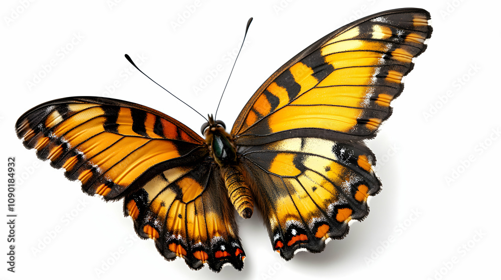 Obraz premium A Detailed Close-Up of a Vibrant Orange and Black Butterfly with Delicate Wing Patterns Spread Open Against a Pure White Background, Showcasing its Intricate Details and Natural Beauty