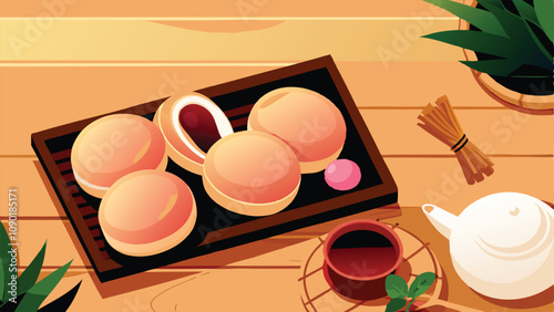 Cozy scene featuring assorted Japanese sweets, including dorayaki and mochi, presented aesthetically on a rustic surface.