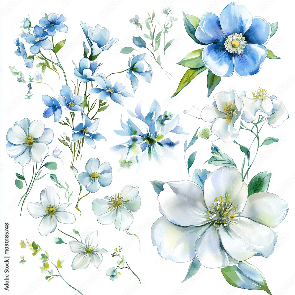 Obraz premium Ethereal Watercolor Bridal Flowers in White and Blue Wedding Setting on a Soft Background