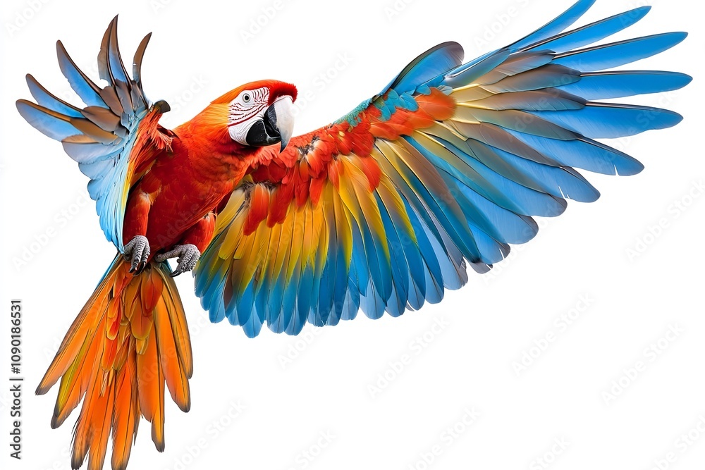 Obraz premium Isolated exotic parrot in midair against a white backdrop. Generative Ai