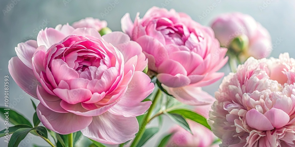 Fototapeta premium Close-up view of delicate pink peonies in full bloom, showcasing their soft petals and lush greenery.