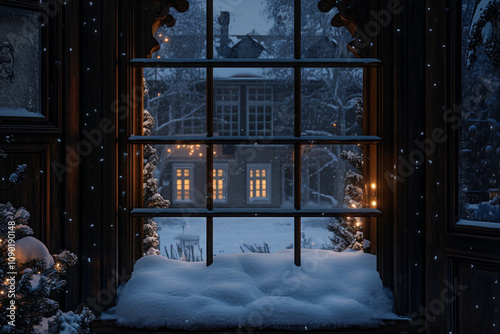 large window, single pane, christmas, outside looking into living room, snow, wide view photo