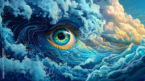 Blue eye ocean wave. Psychedelic Dream Waves. Illustration