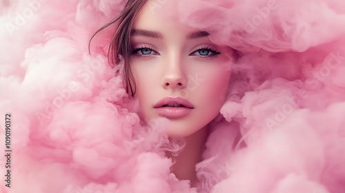 Ethereal Beauty in Vibrant Pink Clouds: Fashion Portrait of a Woman Surrounded by Soft, Dreamy Elements Capturing Tranquility and Elegance in Every Detail