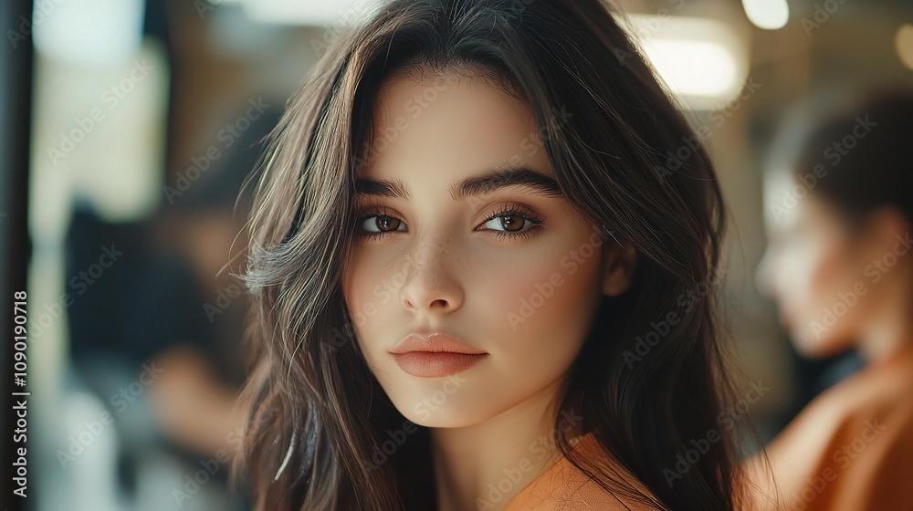 Obraz premium Beautiful Young Girl Looking Confidently at the Camera with Natural Makeup and Soft Hair in a Stylish Salon Environment Capturing a Moment of Elegance and Charm