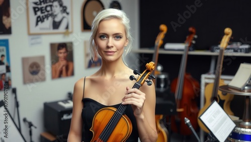 Blonde Woman Playing Violin in Music Studio Surrounded by Instruments and Posters photo