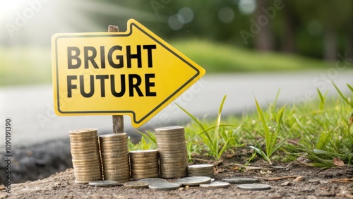 Bright Future Road Sign A road sign that reads Bright Future next to a pile of coins pointing towards the idea of taxdeferred growth. photo