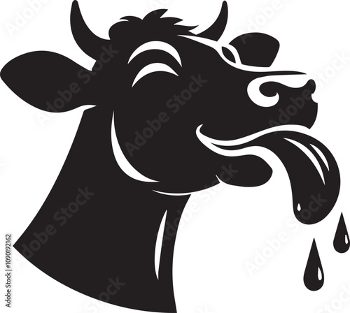 A silhouette of a cow with its tongue out happily licking