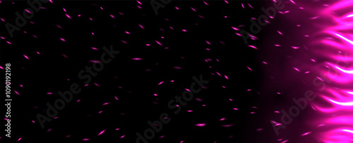 Pink flame with sparks, fire with flying cinder, abstract glowing embers, heat sparkles, bokeh fire texture. Vector illustration.