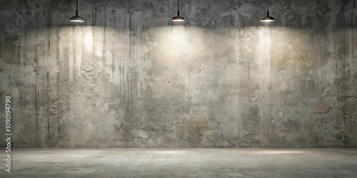 Empty industrial interior space with three pendant lights illuminating a textured concrete wall