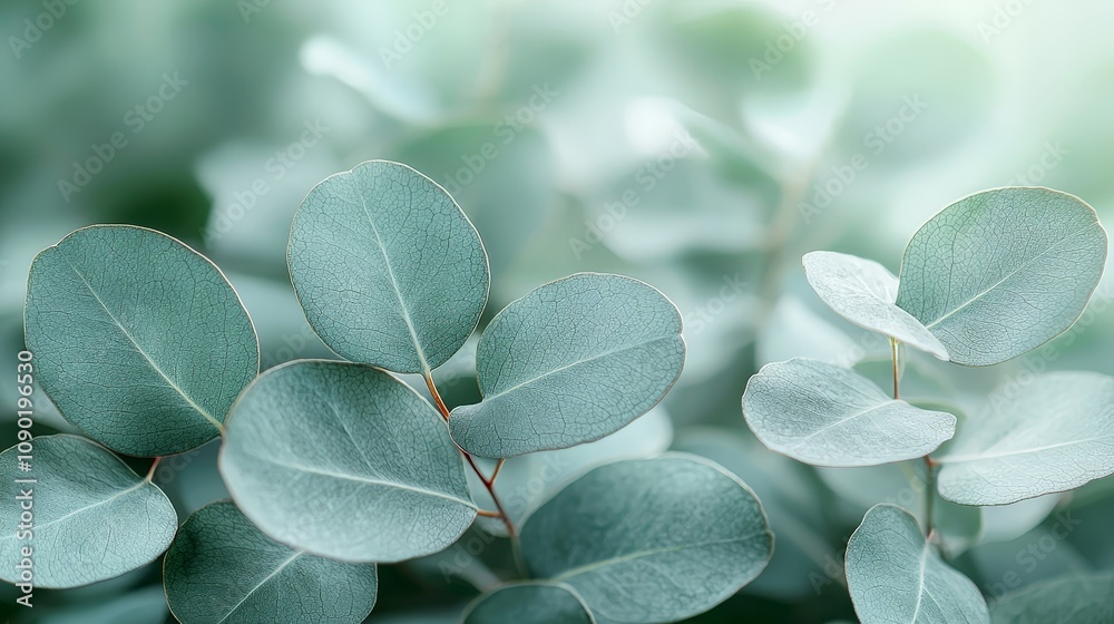 Close-up of soft green eucalyptus leaves with a blurred background. Close-up of soft green eucalyptus leaves with a blurred background.