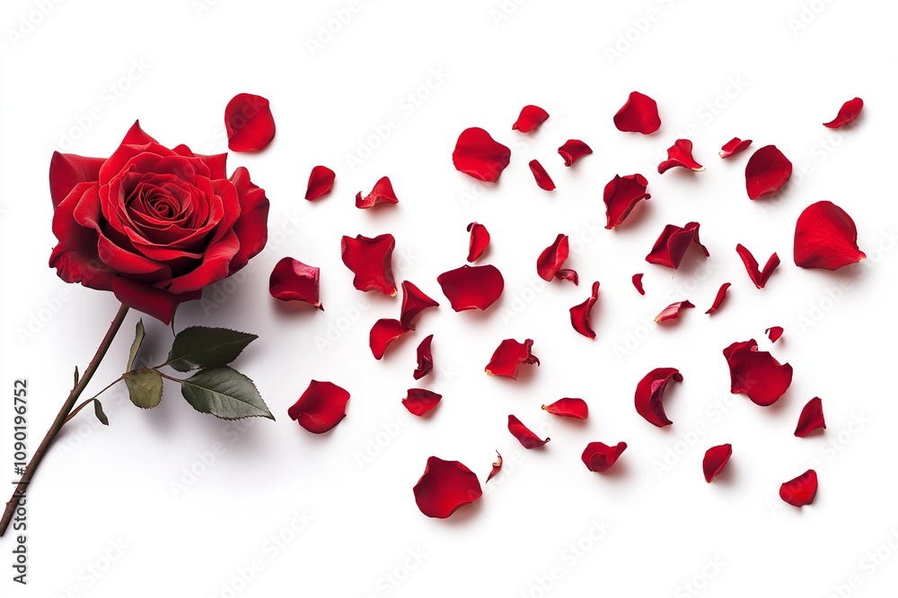 On a white backdrop, an exquisite red rose with strewn petals, isolated in motion. Generative Ai