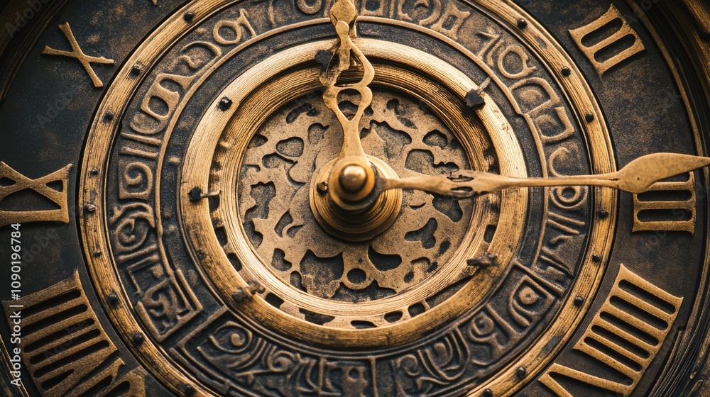 Fototapeta premium Close-up of a vintage clock face with roman numerals and intricate details.