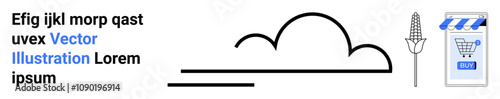 Linear black cloud graphic with horizontal lines, ear of wheat, and a storefront with a shopping cart icon. Dummy text in the top-left corner. Ideal for website design, e-commerce, agriculture