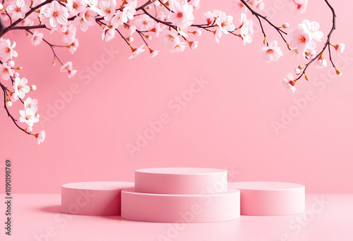 three set of round pedestal product stand podium platform mockup with spring cherry blossom in pink background, for product sale promotion