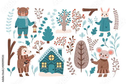 Winter forest woodland set: trees, leaves, branches, house, animal chatacters. WInter plants and bear, rabbit, hedgehog, mouse collection. Vector flat illustration for cards, scrapbooking, animation.