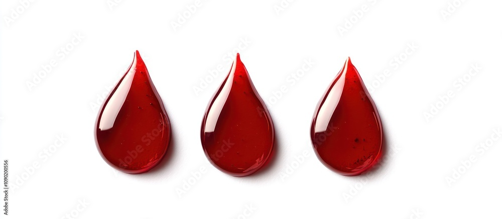 Fototapeta premium Three Red Drops of Glossy Liquid Isolated on White Background