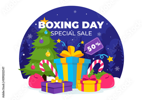 Boxing Day Sale Vector Illustration Featuring Discount Tags, Special Offers, Gift Boxes for Promotional Advertising Flat Cartoon Background Design