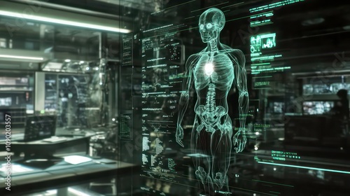 The human body will be holographic with full body scan, bones, organs, joints, and brain in a futuristic HUD environment photo