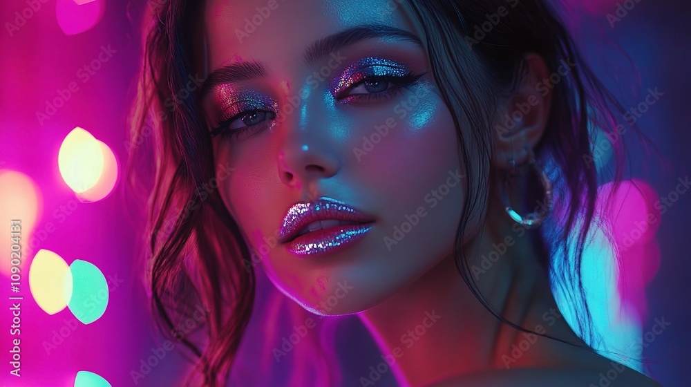 Fototapeta premium A Stunning Brunette Fashion Model Poses Elegantly Amidst Colorful Neon Lights with Glowing Makeup and Captivating Expression, Perfect for Trendy Visuals