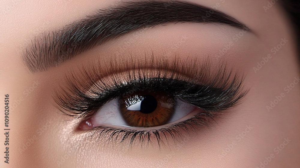 Obraz premium Stunning Close-Up of a Female Eye Showcasing Extreme Long False Eyelashes with Beautiful Eyebrow and Elegant Makeup for Glamorous Beauty Photography