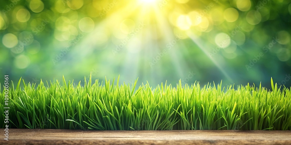 Fototapeta premium Vibrant Green Grass Blades on a Wooden Surface with a Sunny, Blurred Background