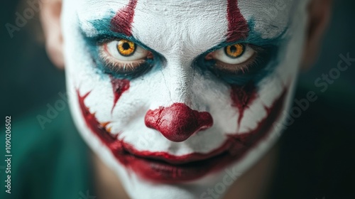 Close-up portrait of a clown with dramatic makeup