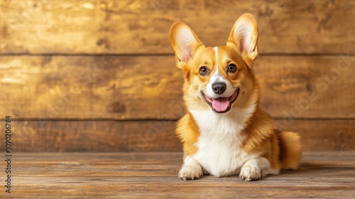 Corgi dog lying on a wooden floor, cheerful expression.