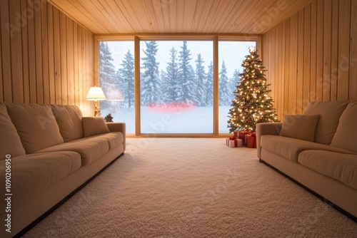 Cozy living room with Christmas tree, winter scene outside