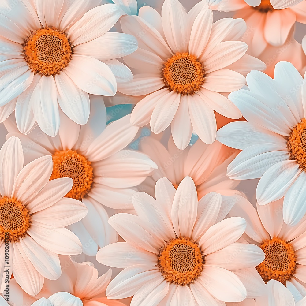 Fototapeta premium Close-up of Delicate White and Peach Daisies with Orange Centers