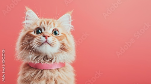 Cute orange cat with pink collar, isolated on pastel background.
