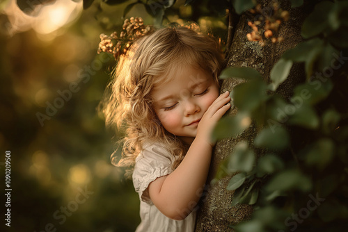 A cute child connecting with nature, embracing tree.