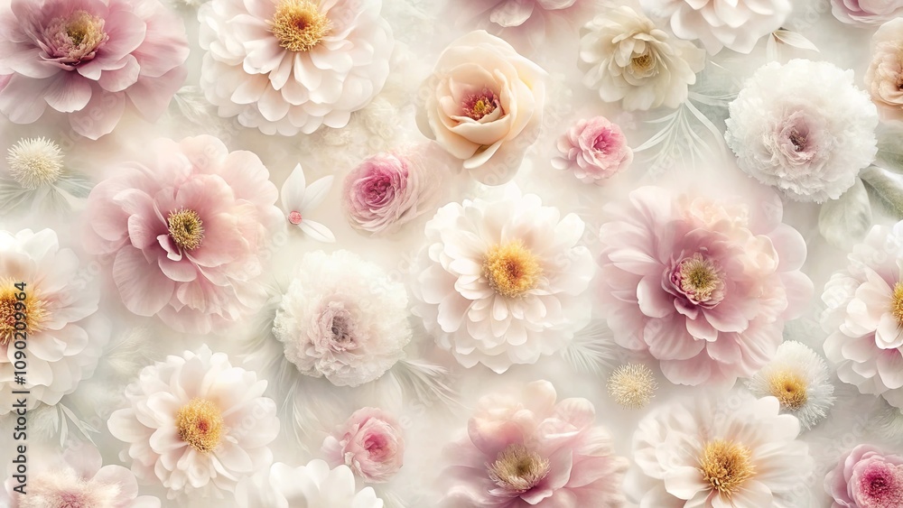 Fototapeta A delicate collection of pastel-colored blossoms, showcasing various flower types in a soft, dreamy arrangement.