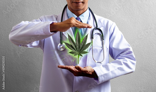 A doctor in a white coat presents a glowing cannabis leaf, symbolizing health, hope, and the benefits of herbal medicine in promoting wellness and natural healing.