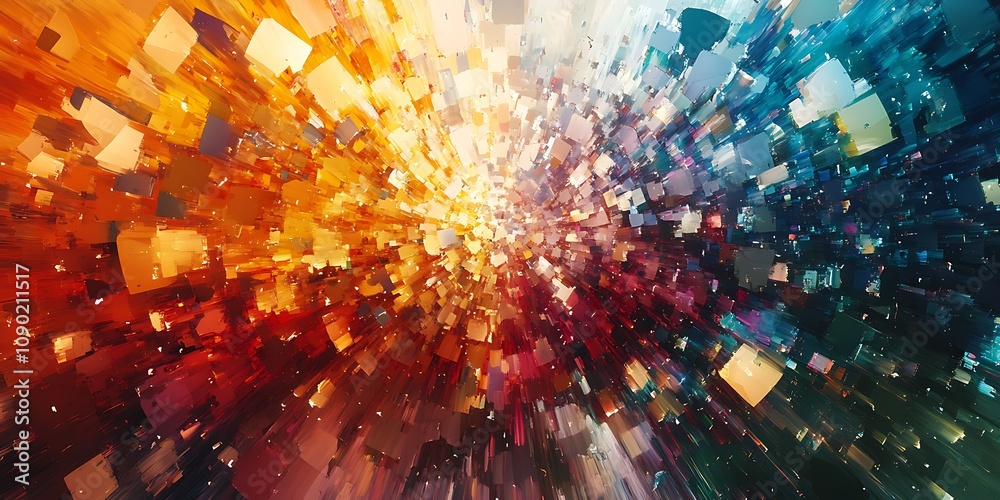 Obraz premium Abstract colorful explosion of geometric shapes, dynamic and vibrant.