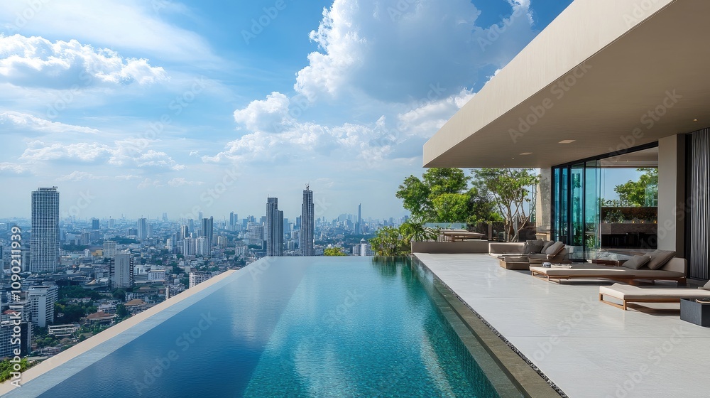 Fototapeta premium Luxurious Modern Pool Villa Overlooking a City Skyline with Breathtaking Views and Clear Blue Sky