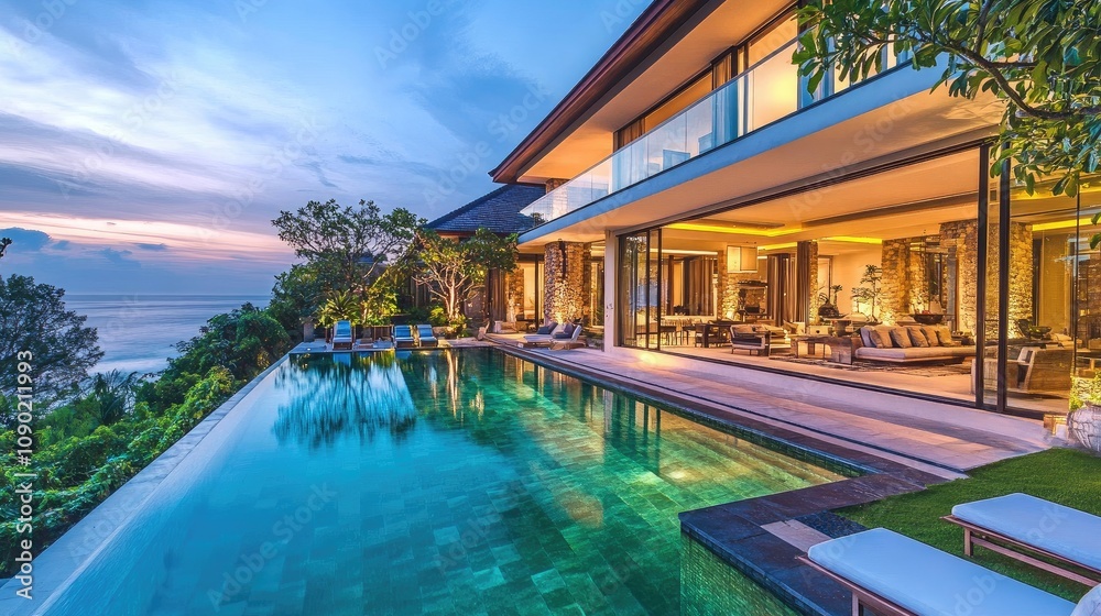Fototapeta premium Stunning Luxury Villa with Infinity Pool Overlooking Ocean at Twilight, Surrounded by Lush Greenery and Modern Architectural Design, Perfect for Relaxation