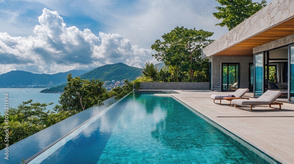 Fototapeta premium Serene Modern Villa Overlooking Scenic Bay with Infinity Pool and Lush Landscape, Ideal for Luxury Travel and Relaxation in Tropical Paradise