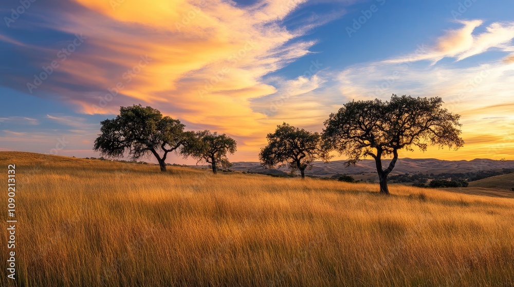 Fototapeta premium Serene Golden Hour Landscape with Majestic Trees Against a Colorful Sky and Rolling Hills, Capturing the Beauty of Nature’s Tranquility at Dusk