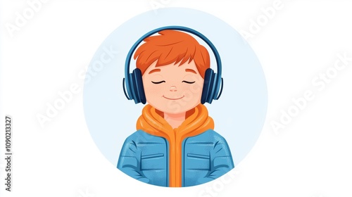 A joyful boy wearing headphones, enjoying music in a cozy jacket, radiating happiness and relaxation. photo