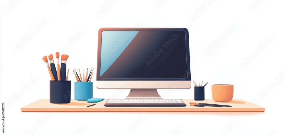 A stylish and organized workspace featuring a computer and office supplies for enhanced productivity. A stylish and organized workspace featuring a computer and office supplies for enhanced productivity.