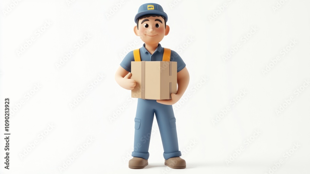 A cartoon delivery worker holding a box, symbolizing logistics and shipping services. A cartoon delivery worker holding a box, symbolizing logistics and shipping services.