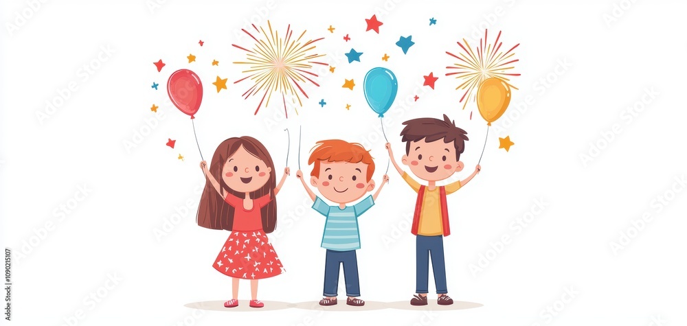 Fototapeta premium Joyful children celebrating with balloons and fireworks, embodying fun and happiness in a festive atmosphere.